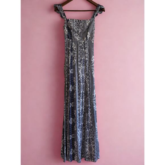 Flynn Skye Bardot Maxi Dress | Women’s XS | Blue White Paisley Boho Print - Picture 1 of 13